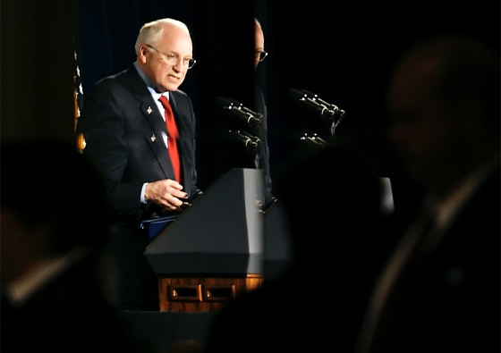 Vice President Dick Cheney is reflected in a mirror as he speaks earlier this year in Milwaukee.