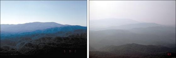The Great Smoky Mountains National Park, rated the worst for air quality by conservation groups, is seen here on a clear day and a hazy one.