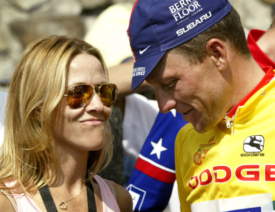 LANCE ARMSTRONG SMILES ALONGSIDE SHERYL CROWE AFTER LANCE FINISHED STAGE 6 OF THE TOUR DE GEORGIA AT BRASSTOWN BALD MTN