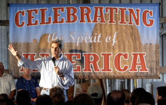 Democratic Presidential candidate Sen. John Kerry, D-Mass., speaks at a campaign stop on a farm Saturday 2004, in Independence, Wis. 