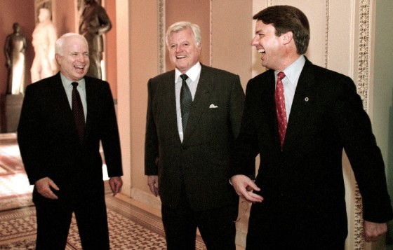 From left: Sens. John McCain, Ted Kennedy and John Edwards in 2001.