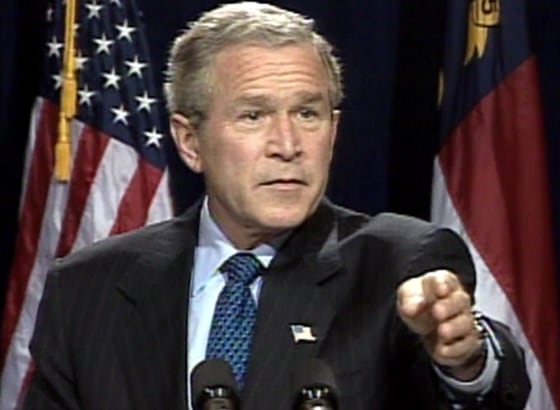 President Bush, campaigning Wednesday in Raleigh, N.C., attempts to draw a distinction between Vice President Dick Cheney's record of public service and that of Sen. John Edwards.