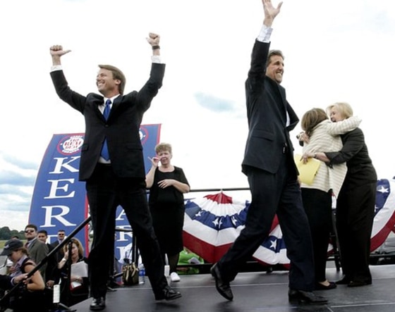 Democratic presidential running mates John F. Kerry, right, and John Edwards take the stage in Beaver, W.Va.
