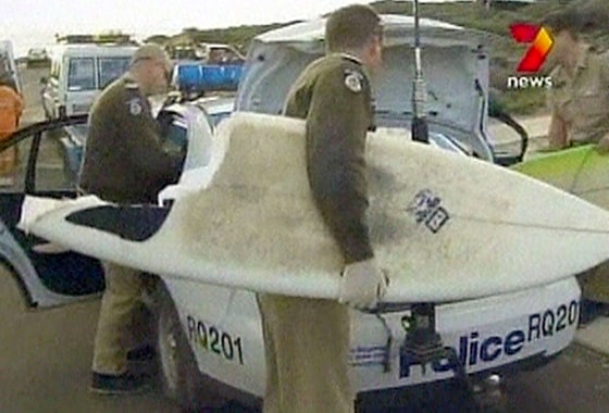 The mauled remains of Bradley Smith's surf board, which was bitten in half by two rogue sharks while he was surfing off a popular West Australian beach near Margaret River, south of Perth.