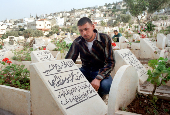 Mahmoud Kaneri, 25, a stone mason who now makes tomb stones for his fallen friends. He is shown here in a martyrs cemetary built for the Jenin residents killed in the 2002 invasion and in susequent clashes.