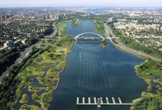 New York City officials propose combining two existing lakes to create a flatwater rowing facility for the 2012 summer Olympics. The site in Flushing Meadows, Queens, is shown here in a rendering