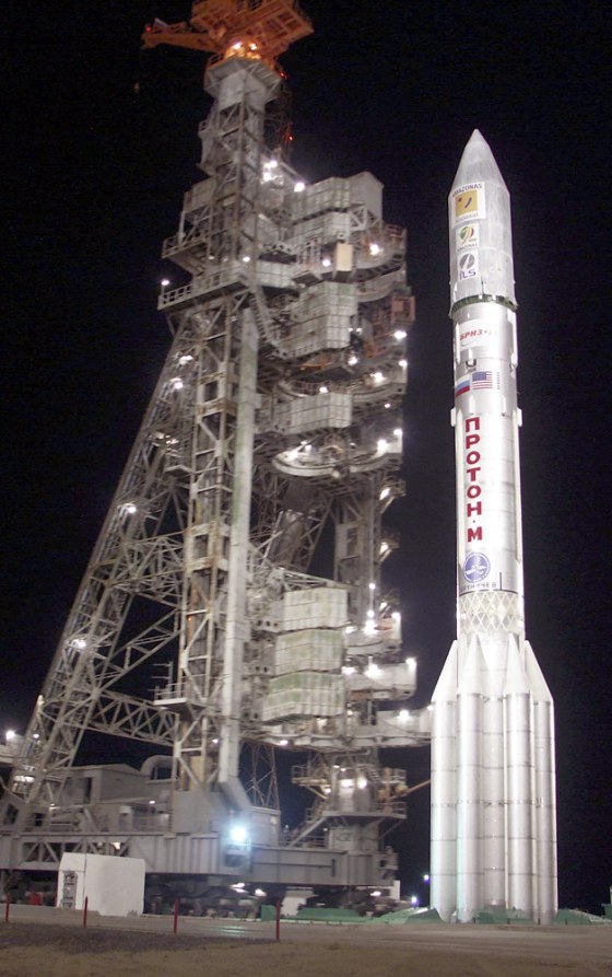 The Russian-made Proton-M rocket with its Breeze-M booster stands on its Baikonur launch pad just before takeoff Thursday. The rocket sent the Amazonas telecommunications satellite into orbit.