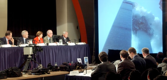 Members of the Sept. 11 commission, Thomas Kean, Bob Kerrey, Jamie Gorelick, Slade Gorton and Fred Fielding, seated left to right on stage, listen to the staff report on emergency preparedness and response, during hearings in New York in May. 