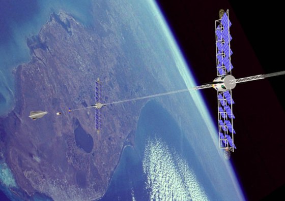 The Momentum-Exchange/Electrodynamic-Reboost Tether System, shown in this artist's conception, could pick payloads up from a reusable launch vehicle in low Earth orbit and toss them to geosynchronous orbit.