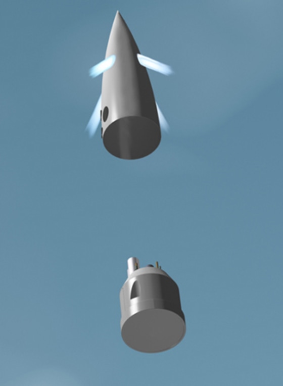 In this artist's depiction of a future Canadian Arrow flight, the crew cabin separates from the nosecone shroud just before rocket engine burnout.