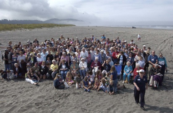 Descendants of the members of the Lewis and Clark Voyage of Discovery gather Sunday for a group photo on the beach at Seaview, Wash. The reunion coincided with the bicentennial celebration of the journey.