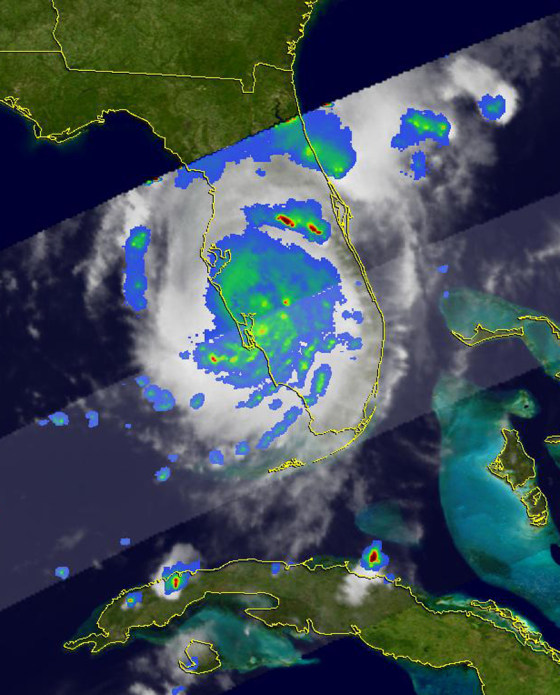 An image from NASA's Tropical Rainfall Measuring Mission satellite shows Hurricane Charley as it crosses over Florida. The federal government is helping develop an international system for sharing such data and imagery.