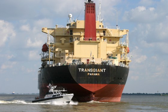 The dry bulk carrier Transgiant makes its way down the Mississippi River toward the Gulf of Mexico. Shippers and port authorities along the river are among those concerned about ships being used as weapons by terrorists.