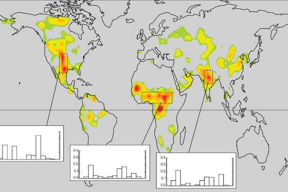 The red areas on this global map are "hot spots" that can serve as indicators of future rainfall, NASA says. The readings come from the Global Land-Atmosphere Coupling Experiment, or GLACE.