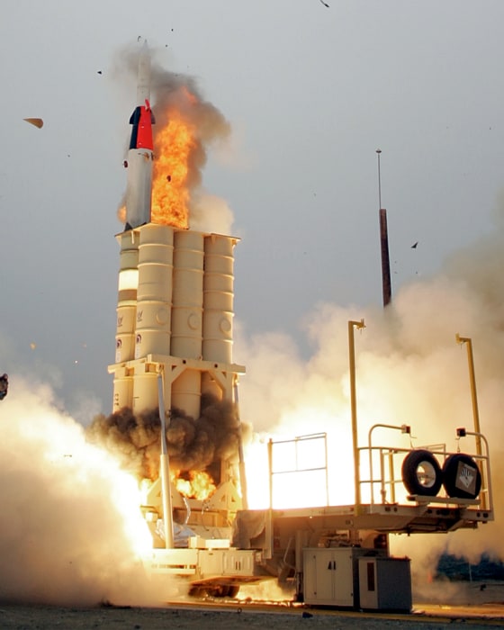 An Arrow anti-ballistic missile interceptor is launched Thursday from its mobile platform at the Point Mugu Sea Range in California. The Arrow missile failed to intercept an air-launched missile over the Pacific and both fell into the water, a spokesman said.