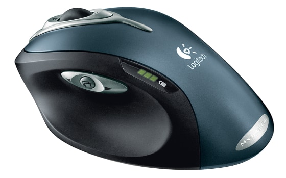 A good view of the numerous buttons and rocker switches on the MX 1000 — plus the green battery charge indicator LEDs.