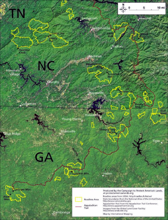 This map from the Campaign to Protect America's Land report shows the Appalachian Trail in black as it winds through Georgia and North Carolina. Roadless areas are in yellow.