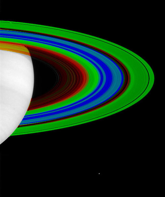 In this false-color map of Saturn's rings, based on data from the Cassini probe's Composite Infrared Spectrometer, blue and green regions are relatively cold, while red and yellow regions are warmer. Saturn itself is overexposed and nearly pure white.