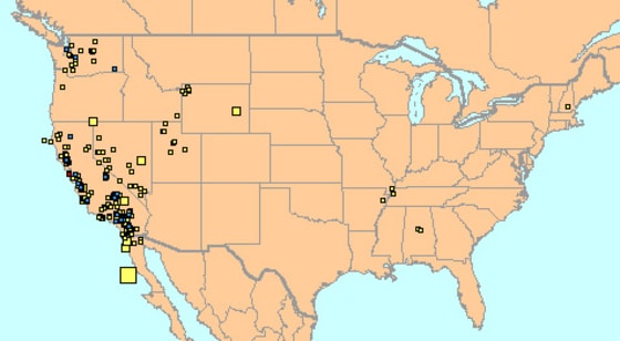 This graphic shows earthquakes reported during the week ending Friday. Larger boxes denote stronger activity. The largest quake has a magnitude of 5.2.