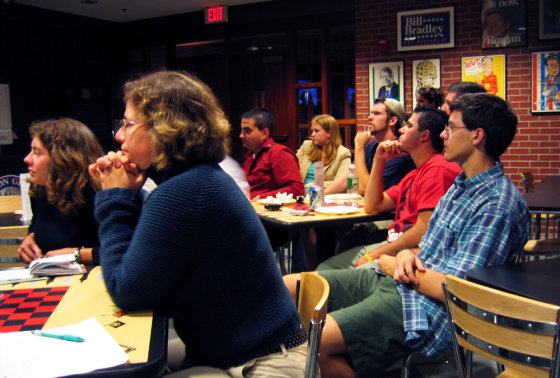 Students from St. Anselm College in Goffstown, N.H., gather in a cafeteria to watch the president's convention speech Thursday night.