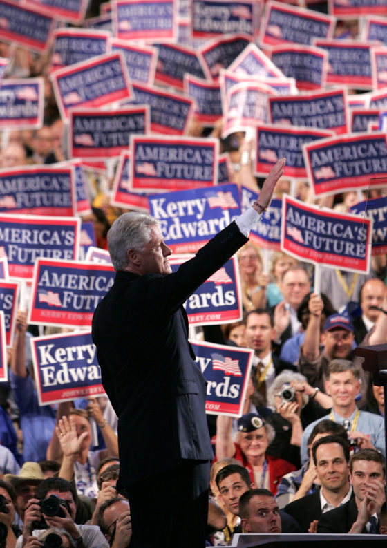 Former President Bill Clinton waves to the delegates after finishing his address during the Democratic National Convention in this July file photo.