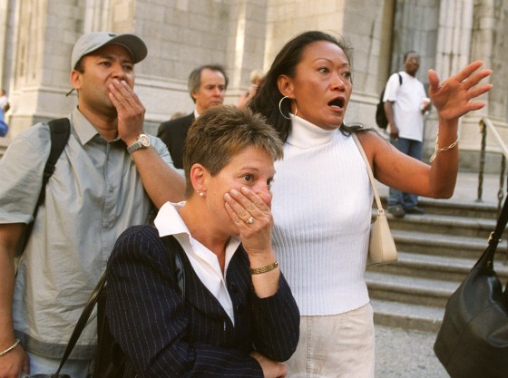 For some Americans, the images of the 9/11 tragedy were first hand. These people were outside New York's St. Patrick's Cathedral when the World Trade Center towers were destroyed by terrorists using aircraft.