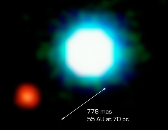 This image shows the brown dwarf 2M1207 as a bright white object, and the presumed planet as a reddish object. The line indicates an angular distance of 778 milliarcseconds, which translates to 55 times the distance between Earth and the sun.