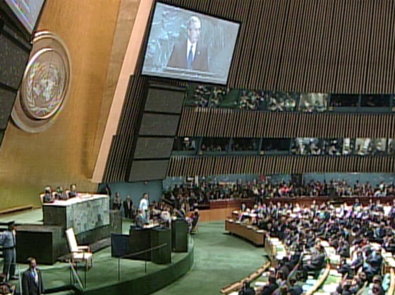 A giant screen projects President Bush as he speaks before the annual U.N. General Assembly on Tuesday.