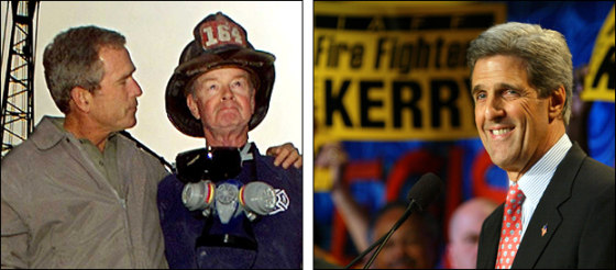 President Bush at ground zero on Sept. 14, 2001 and presidential candidate John Kerry addressing the International Association of Fire Fighters earlier this year.