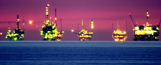 Night comes to oil and natural gas platforms off Santa Barbara, Calif.