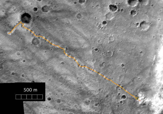 Orbital imagery of the Martian surface traces the Spirit rover's path to the Columbia Hills as an orange line. Spirit and its twin, Opportunity, began their treks in January on opposite sides of the planet and could conceivably keep going for more than a year.