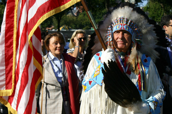 Sen. Ben Nighthorse Campbell, R-Colo.,&nbsp;leads the procession of tribes at the dedication for the opening of the National Museum of the American Indian in Washington.