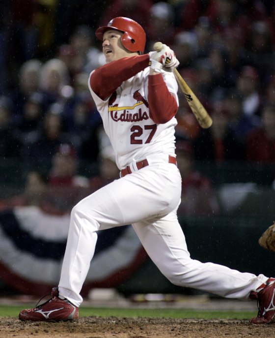 Cardinals star Scott Rolen watches his second home run of game during NLCS win over the Astros in St. Louis