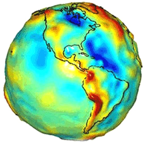 To pin down relativistic frame dragging, researchers included data on Earth's uneven gravity field, shown in this map by NASA's GRACE satellite. Fluctuations owe to mountains, trenches, and unseen subsurface density differences. Red indicates high gravity; blue areas have low gravity.
