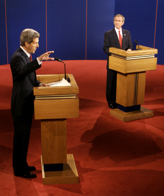 Sen. John Kerry answers a question as President Bush looks on during their third and final debate, where Social Security was one of the flashpoints.
