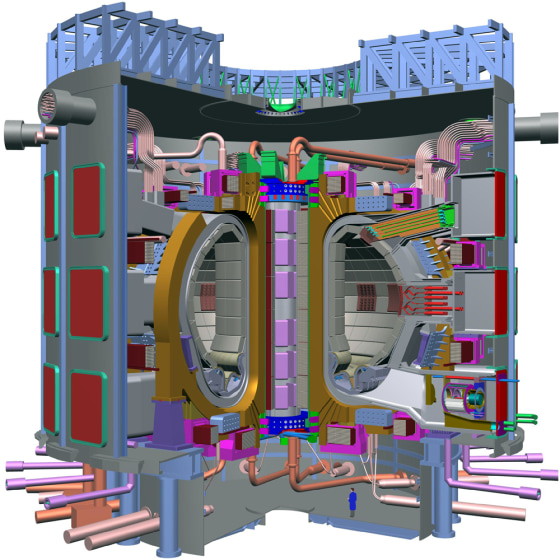 This illustration shows a cutaway view of the nuclear fusion reactor planned for ITER. The main vacuum vessel would be 100 feet (30 meters) high.