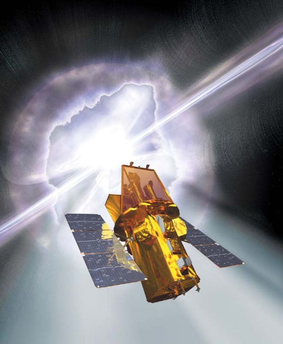 An artist's interpretation of the Swift spacecraft in flight, with a gamma-ray burst exploding behind it.