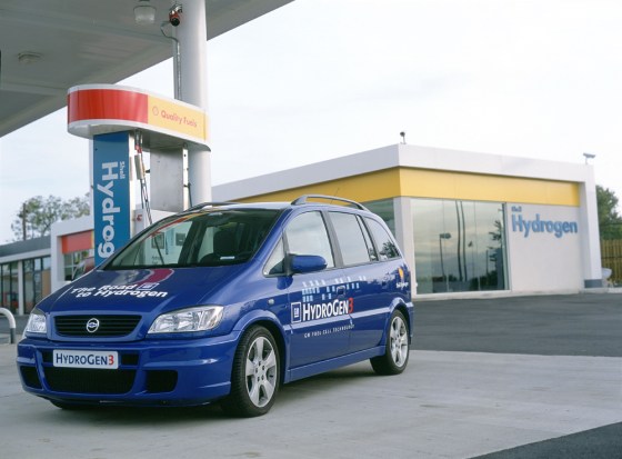 This Shell gas station in Washington, D.C., is the first in North America to include a hydrogen pump, seen here next to a General Motors fuel cell vehicle.
