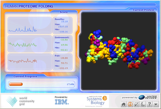 As seen in this screenshot, the World Community Grid's desktop console lets users monitor progress on a protein-folding project, and see a representation of the protein molecule itself.