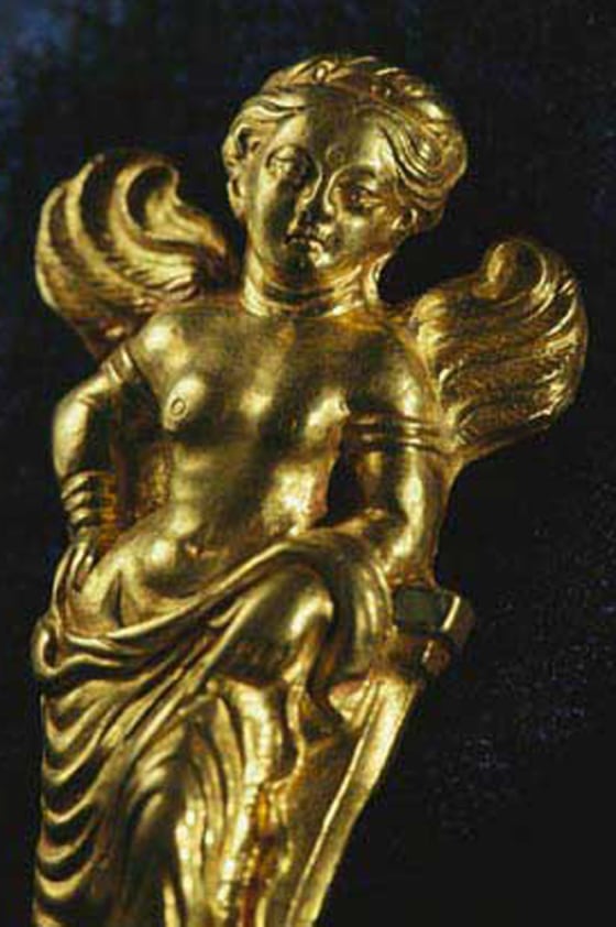 The "Bactrian Aphrodite" brooch was part of the Bactrian collection recovered in April 2004. The gold carving shows Greek, Indian and Asian influences — a product of the Silk Road melting pot of cultures.
