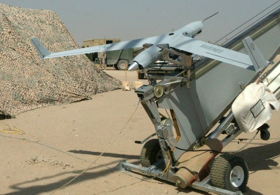This ScanEagle robotic plane is ready for launch from a catapult. The planes have put in more than 1,000 hours of operation in Iraq.