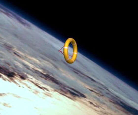 Large inflatable ballutes are under study for use in slowing down incoming payload traffic from the moon, as shown in this artist's conception.