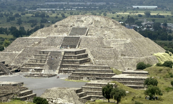 Aerial view showing pyramid of the Moon at Mexico's Teotihuacan archeological ruins