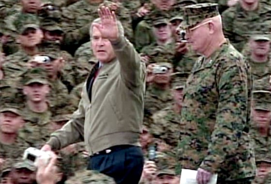 Bush arrives to cheers at Camp Pendleton, the home base of thousands of Marines who are fighting in Iraq.