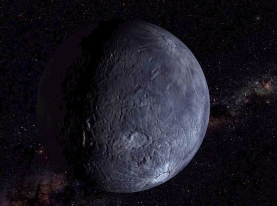An artist's conception shows what the surface of Quaoar might look like, beyond the orbit of Neptune in a region called the Kuyper Belt.