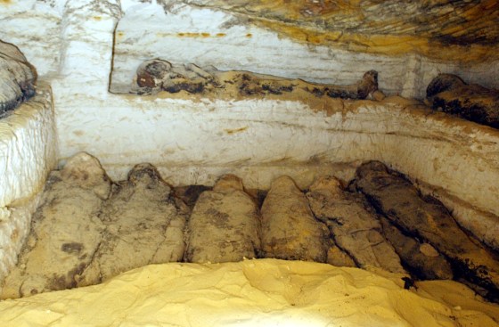 Nine newly discovered 2,500-year-old mummies rest in a tomb under the ground in western Egypt.