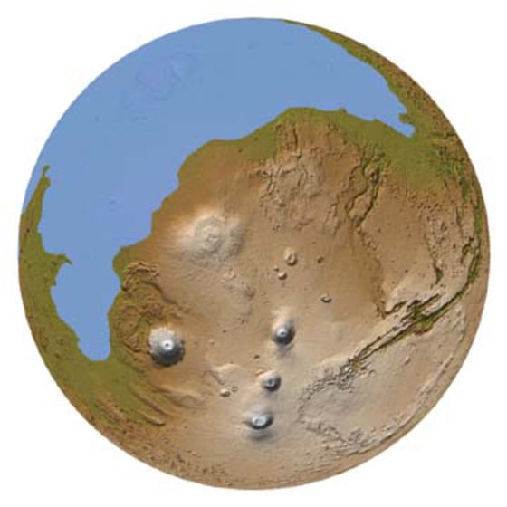 In this topographic portrayal of Mars, the northern lowlands are occupied by a blue ocean, with its edges defined by what researchers see as a possible ancient shoreline, based on an analysis of laser altimeter data from Mars Global Surveyor.