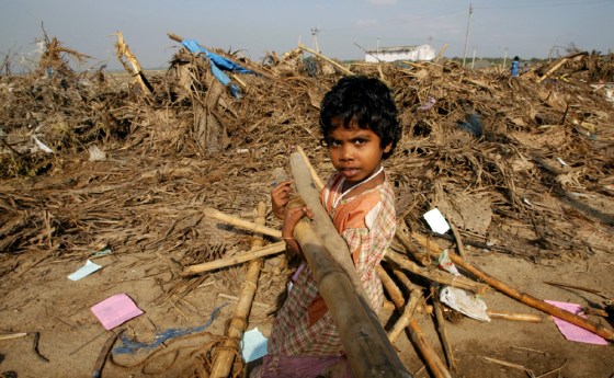 A tsunami survivor carries bamboo to rebuild her hut at a fishing hamlet in Nagapattinam India