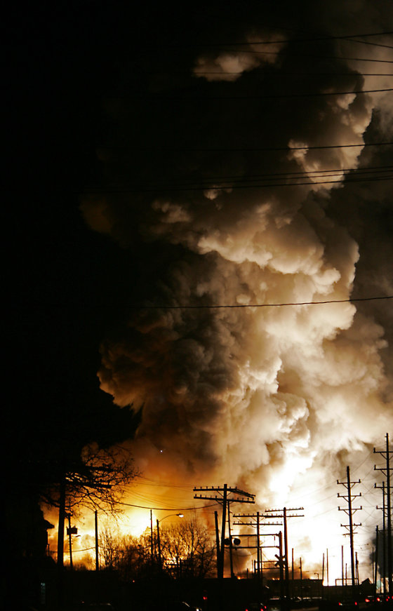 Smoke and flames pour from a fire at the Advanced Magnesium Alloys Corp. recycling plant in Anderson, Ind. on Friday.