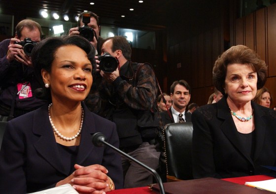 Secretary of state nominee Condoleezza Rice, left, began her confirmation hearing Tuesday with Sen. Dianne Feinstein, D-Calif., at her side. Feinstein is a friend from Rice’s years in California.